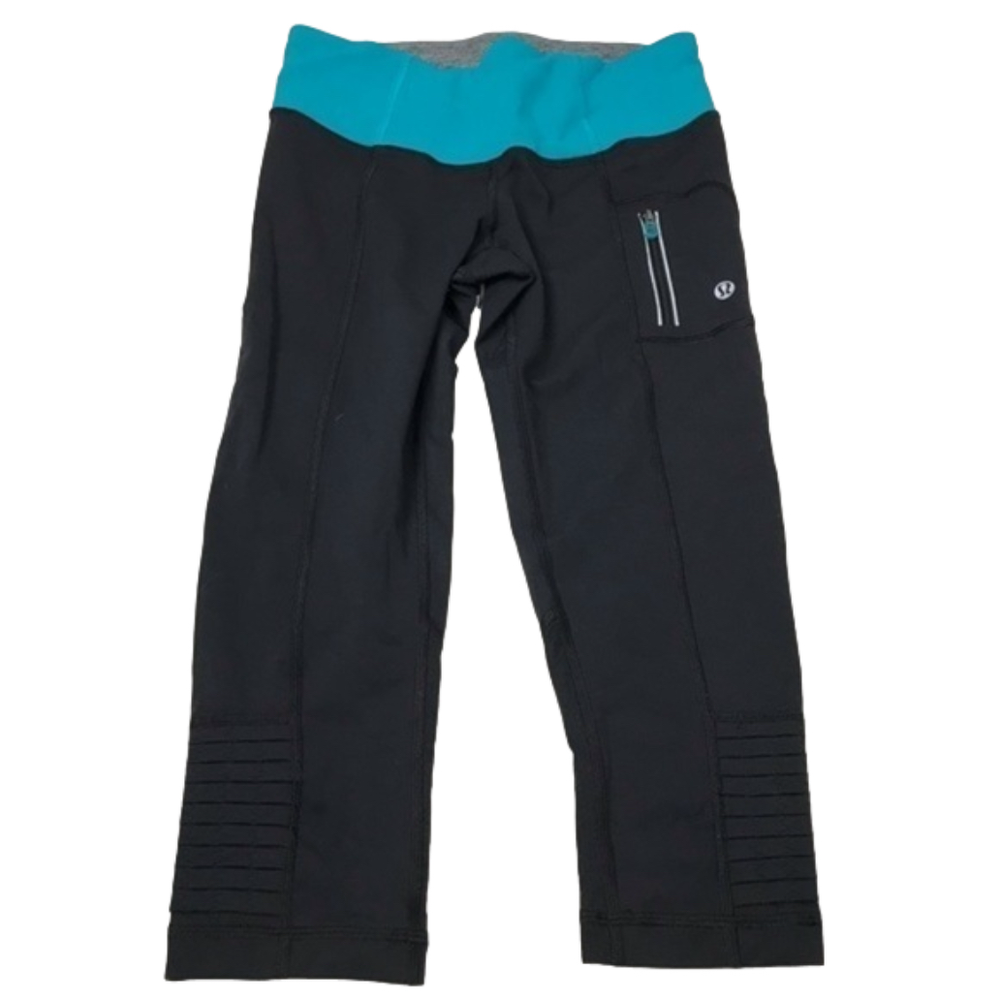 LULULEMON run fast crops in black teal , size 4